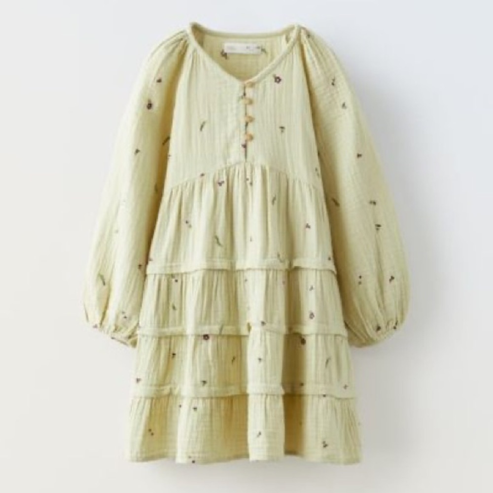Zara girls Floral Embroidered Tiered Dress cotton 9/10 sage green